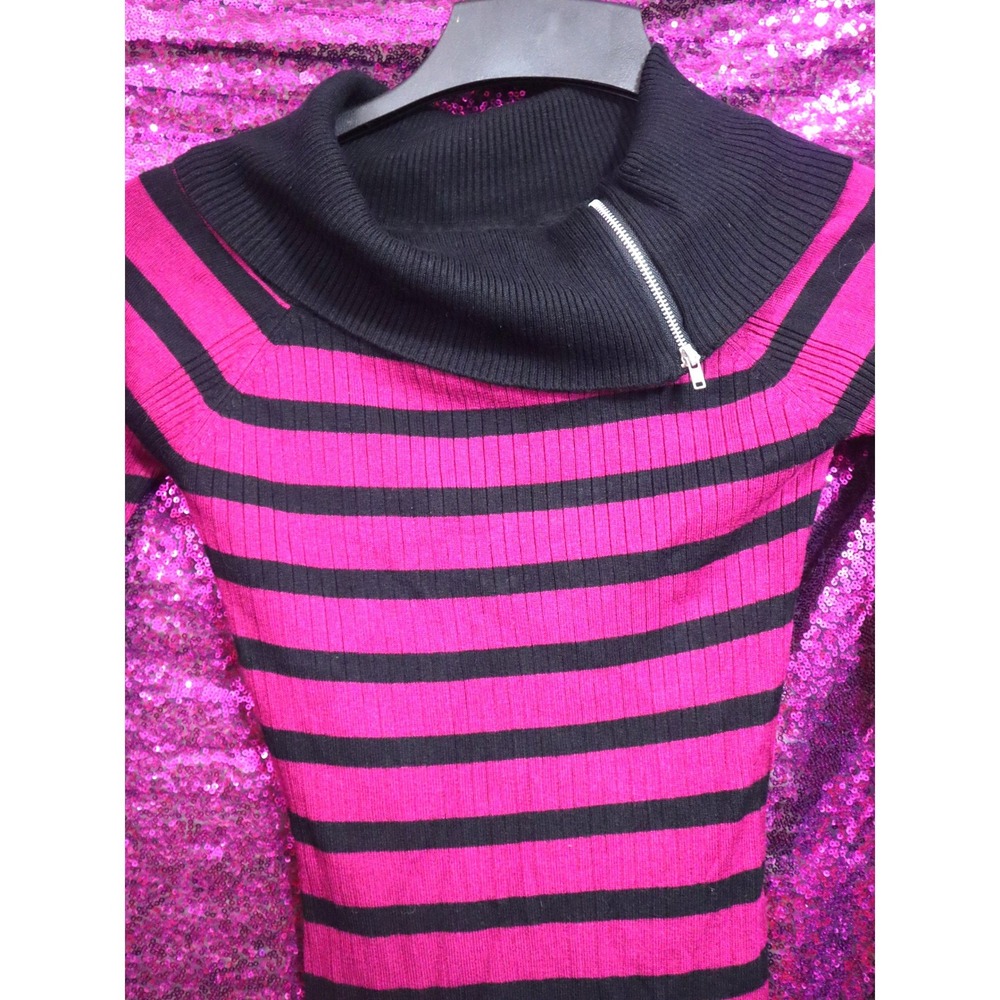 Pink Striped Y2K Sweater M Bongo Womens Cowl Neck Zip Accent Ribbed Knit Stretch